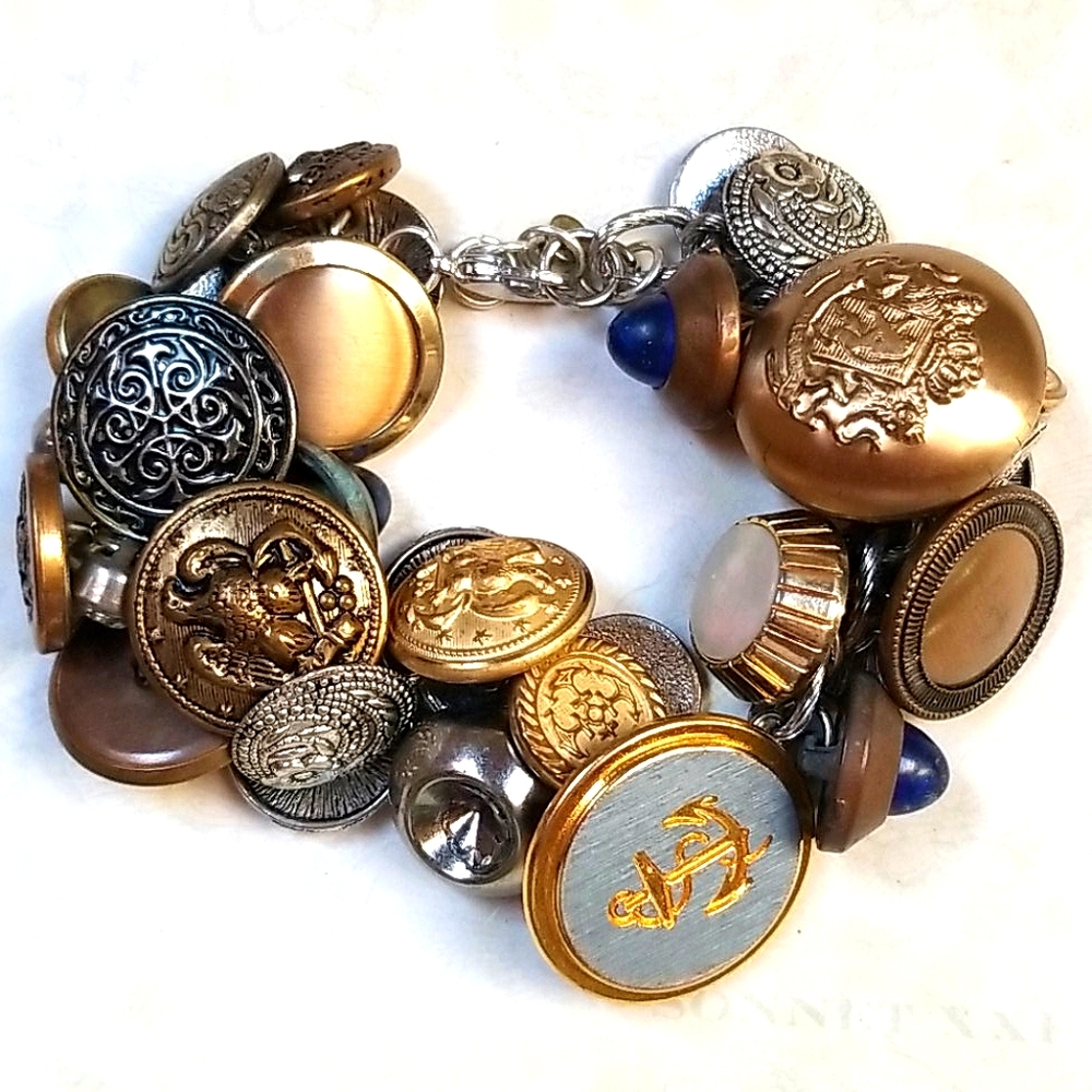 Vintage Brass and Silver Tone Button Bracelet